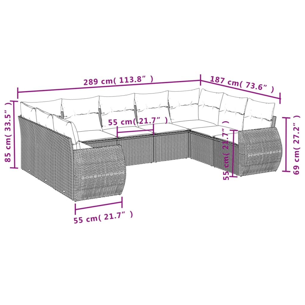 9 pcs conjunto de sofás p/ jardim com almofadões vime PE bege