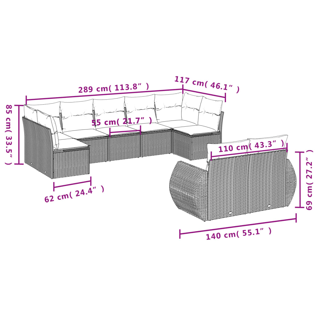 9 pcs conjunto de sofás p/ jardim com almofadões vime PE bege