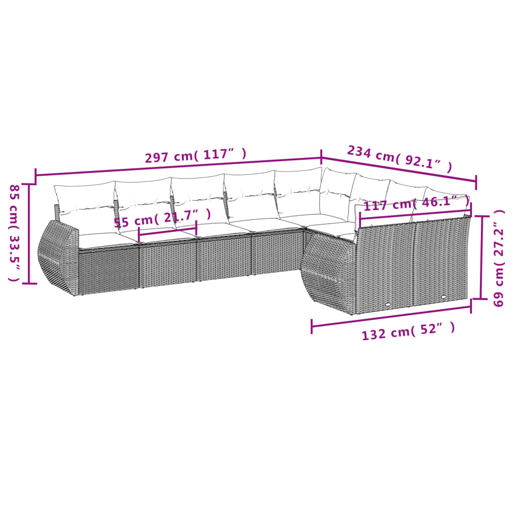 9 pcs conjunto de sofás p/ jardim com almofadões vime PE bege