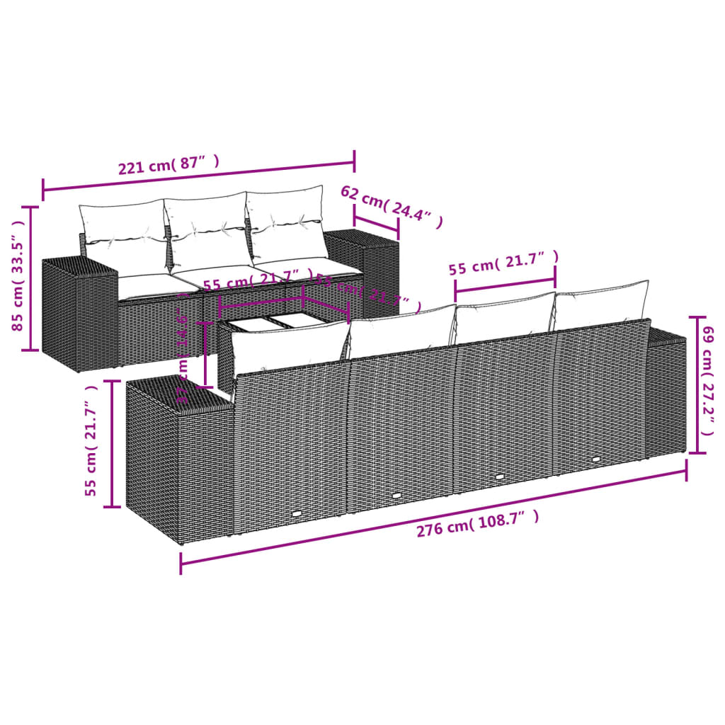 8 pcs conj. sofás jardim c/ almofadões vime PE cinzento-claro