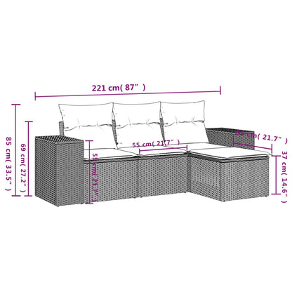 4 pcs conj. sofás jardim c/ almofadões vime PE cinzento-claro