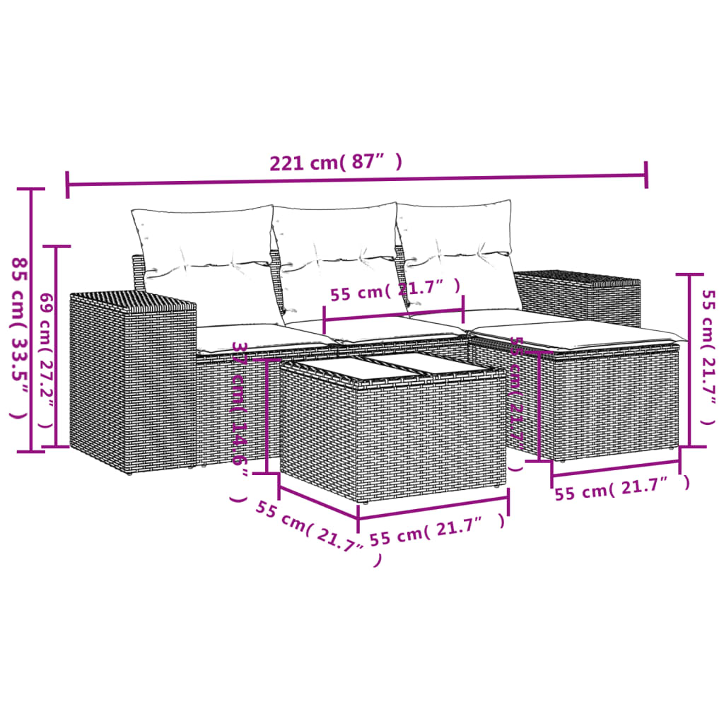 5 pcs conj. sofás jardim c/ almofadões vime PE cinzento-claro