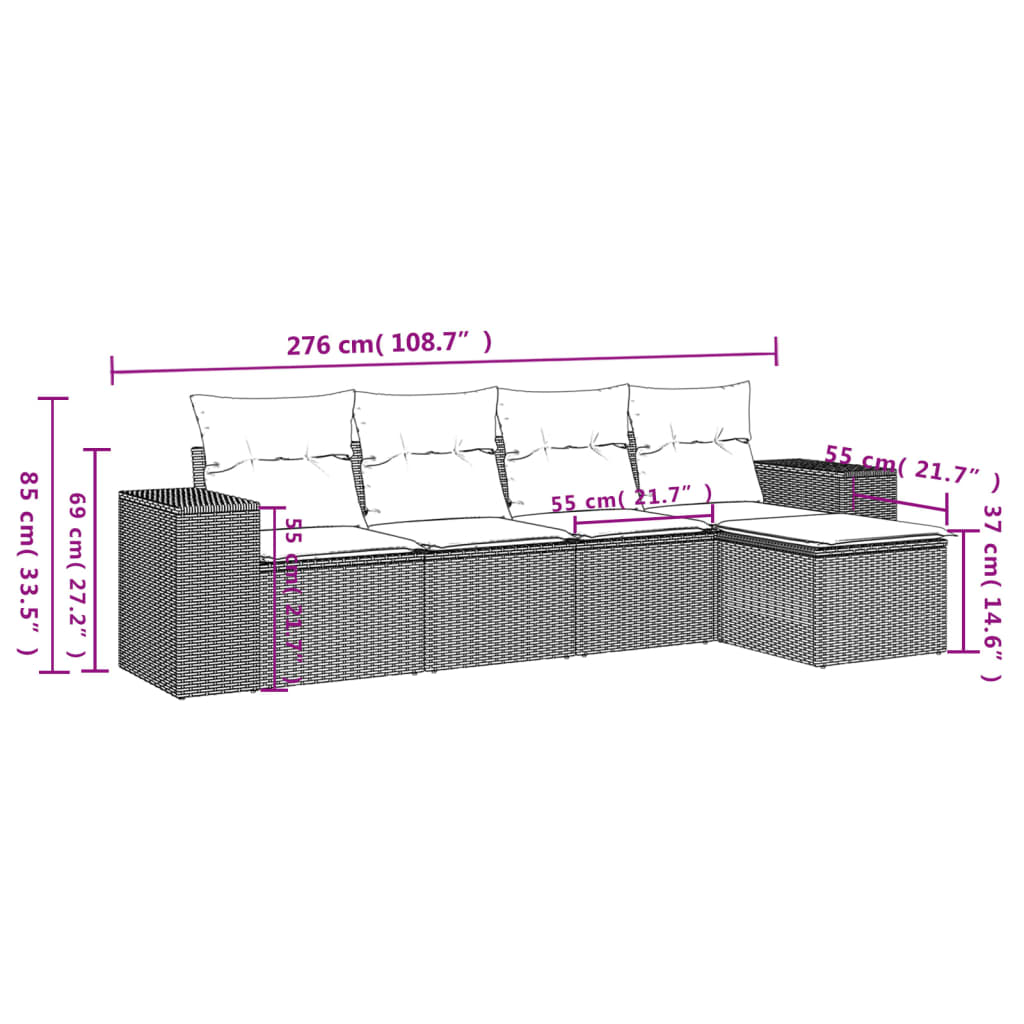 5 pcs conj. sofás jardim c/ almofadões vime PE cinzento-claro