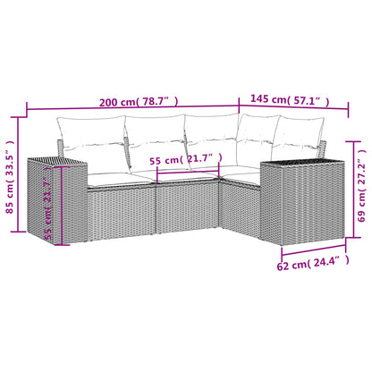 4 pcs conj. sofás jardim c/ almofadões vime PE cinzento-claro