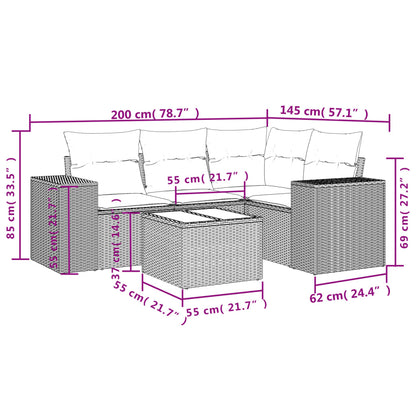 5 pcs conj. sofás jardim c/ almofadões vime PE cinzento-claro