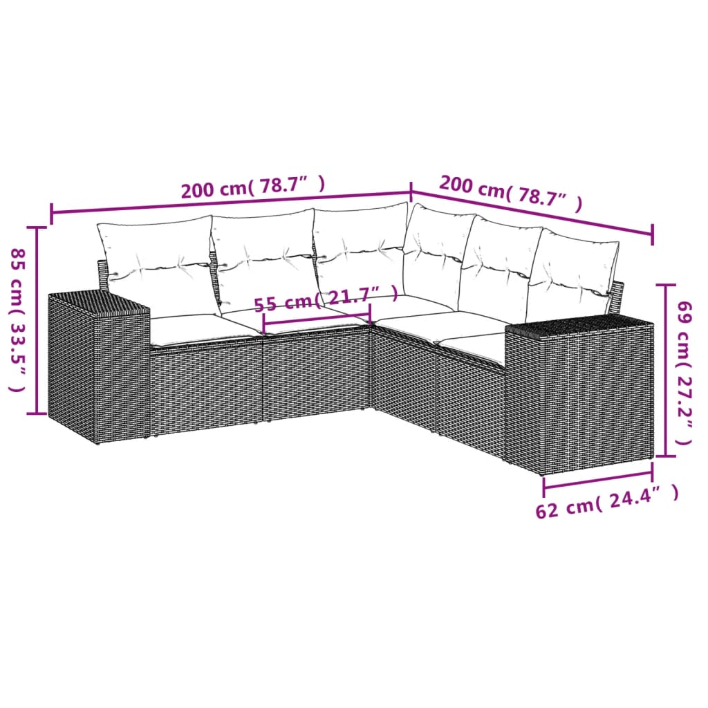 5 pcs conjunto sofás de jardim com almofadões vime PE preto