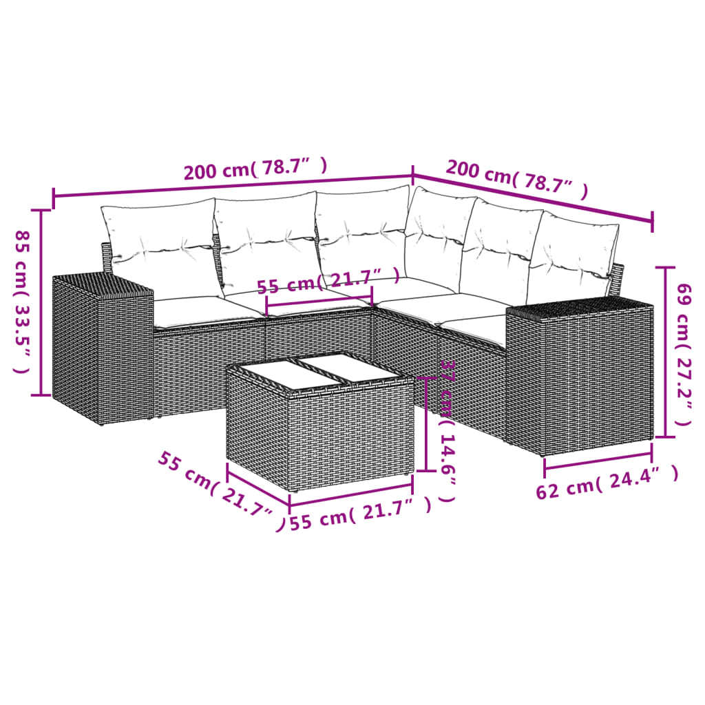 6 pcs conj. sofás jardim com almofadões vime PE cinzento-claro