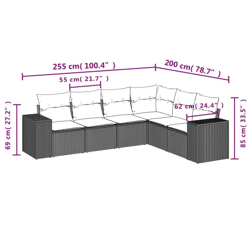 6 pcs conj. sofás jardim com almofadões vime PE cinzento-claro