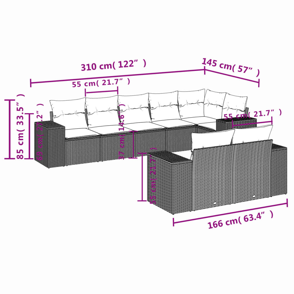 8 pcs conjunto sofás de jardim com almofadões vime PE preto