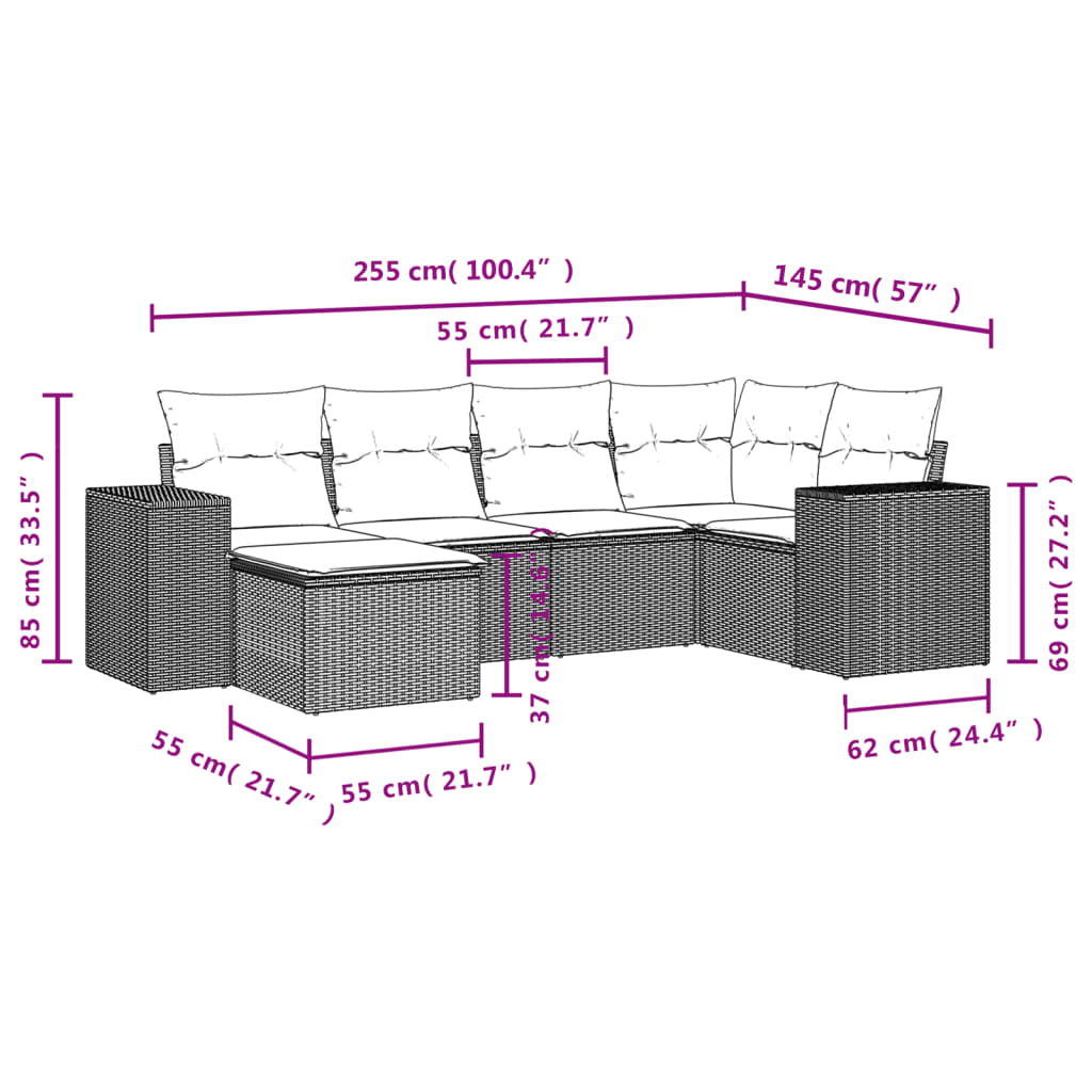 6 pcs conjunto de sofás p/ jardim com almofadões vime PE bege