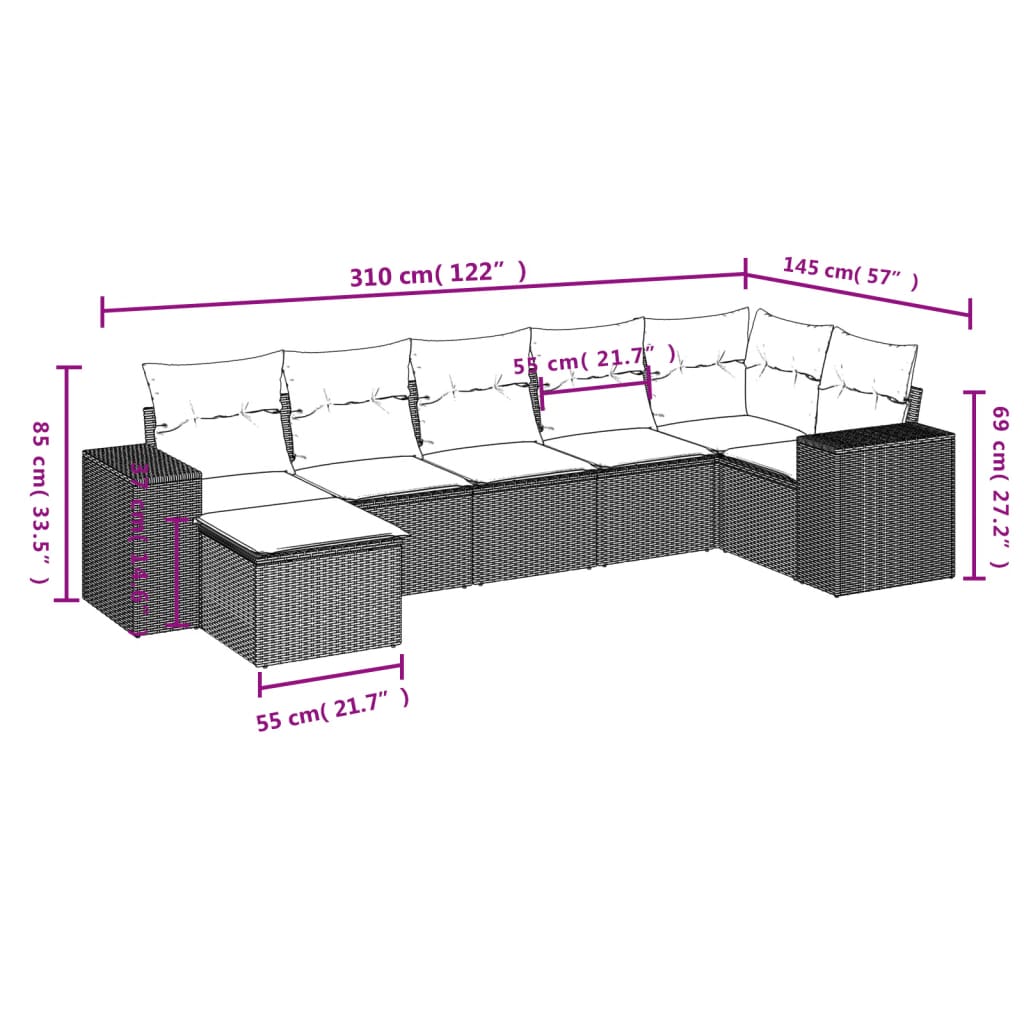 7 pcs conjunto de sofás p/ jardim com almofadões vime PE bege