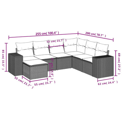 7 pcs conjunto de sofás p/ jardim c/ almofadões vime PE preto