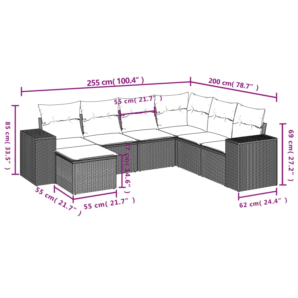 7 pcs conj. sofás jardim com almofadões vime PE cinzento-claro