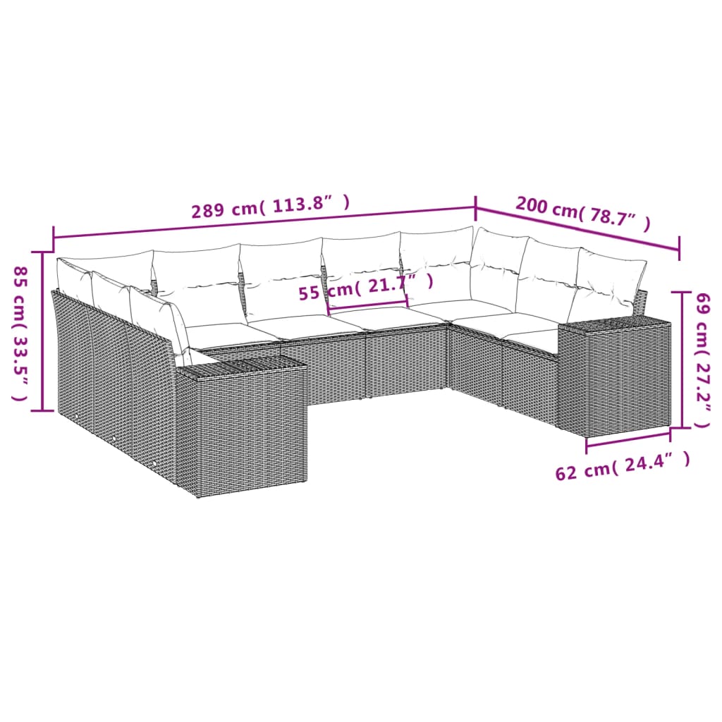 9 pcs conj. sofás jardim com almofadões vime PE cinzento-claro