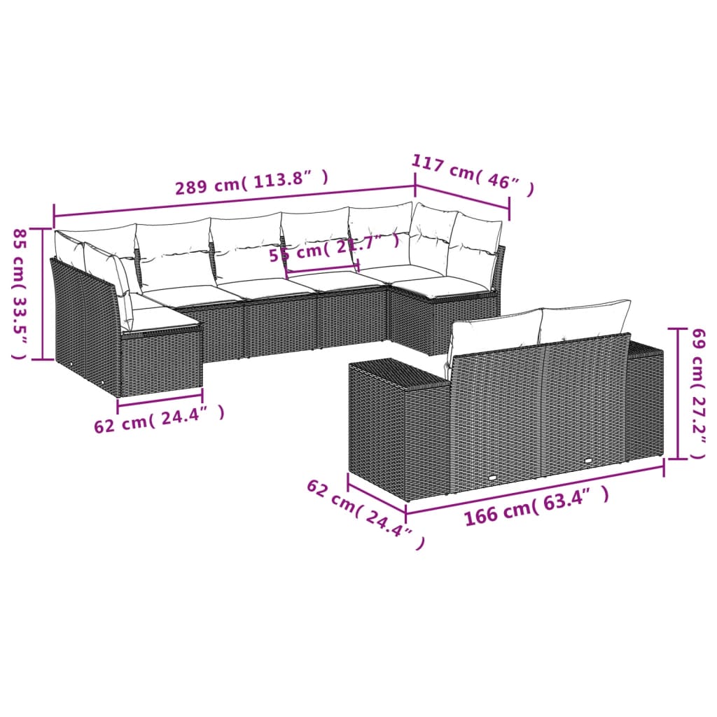 9 pcs conjunto de sofás p/ jardim com almofadões vime PE bege