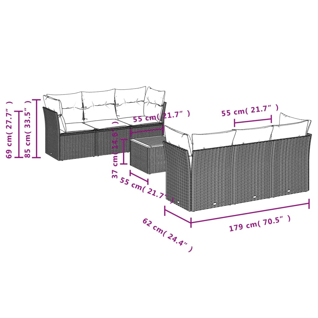 7 pcs conjunto de sofás p/ jardim c/ almofadões vime PE preto