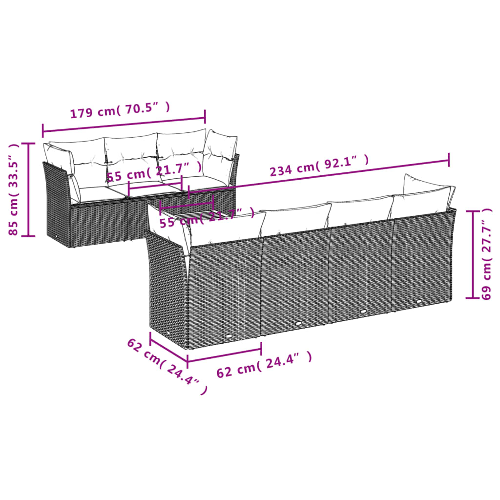 6 pcs conjunto sofás de jardim c/ almofadões vime PE preto