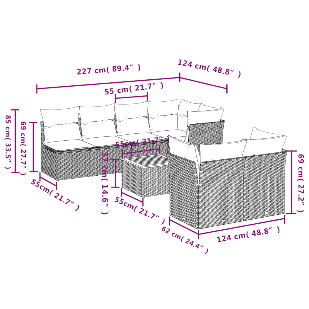 6 pcs conjunto sofás de jardim c/ almofadões vime PE preto