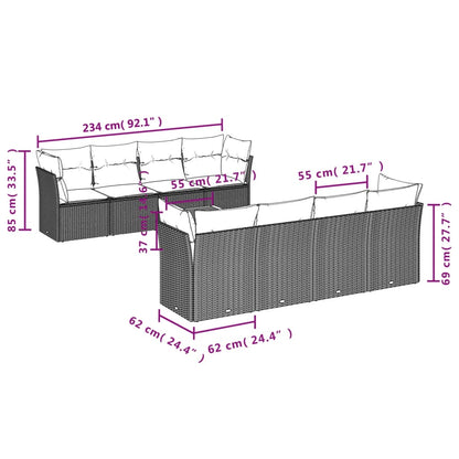 9 pcs conjunto de sofás p/ jardim c/ almofadões vime PE preto