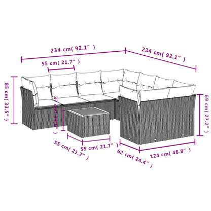 9 pcs conjunto sofás p/ jardim com almofadões vime PE cinzento