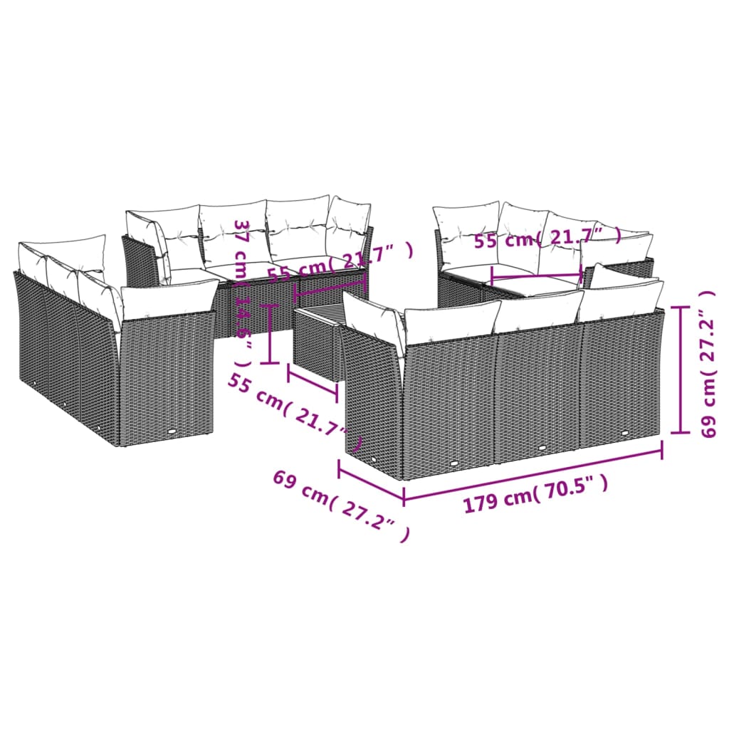 13 pcs conjunto de sofás de jardim com almofadões vime PE preto