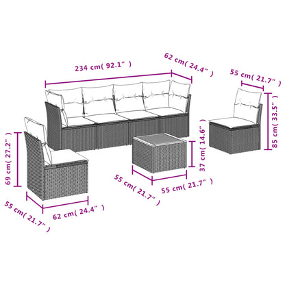 7 pcs conjunto de sofás p/ jardim c/ almofadões vime PE preto