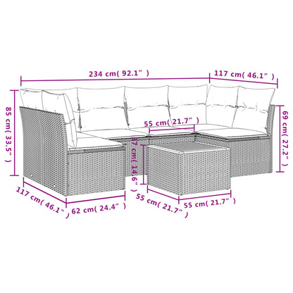 7 pcs conjunto sofás p/ jardim c/ almofadões vime PE cinzento