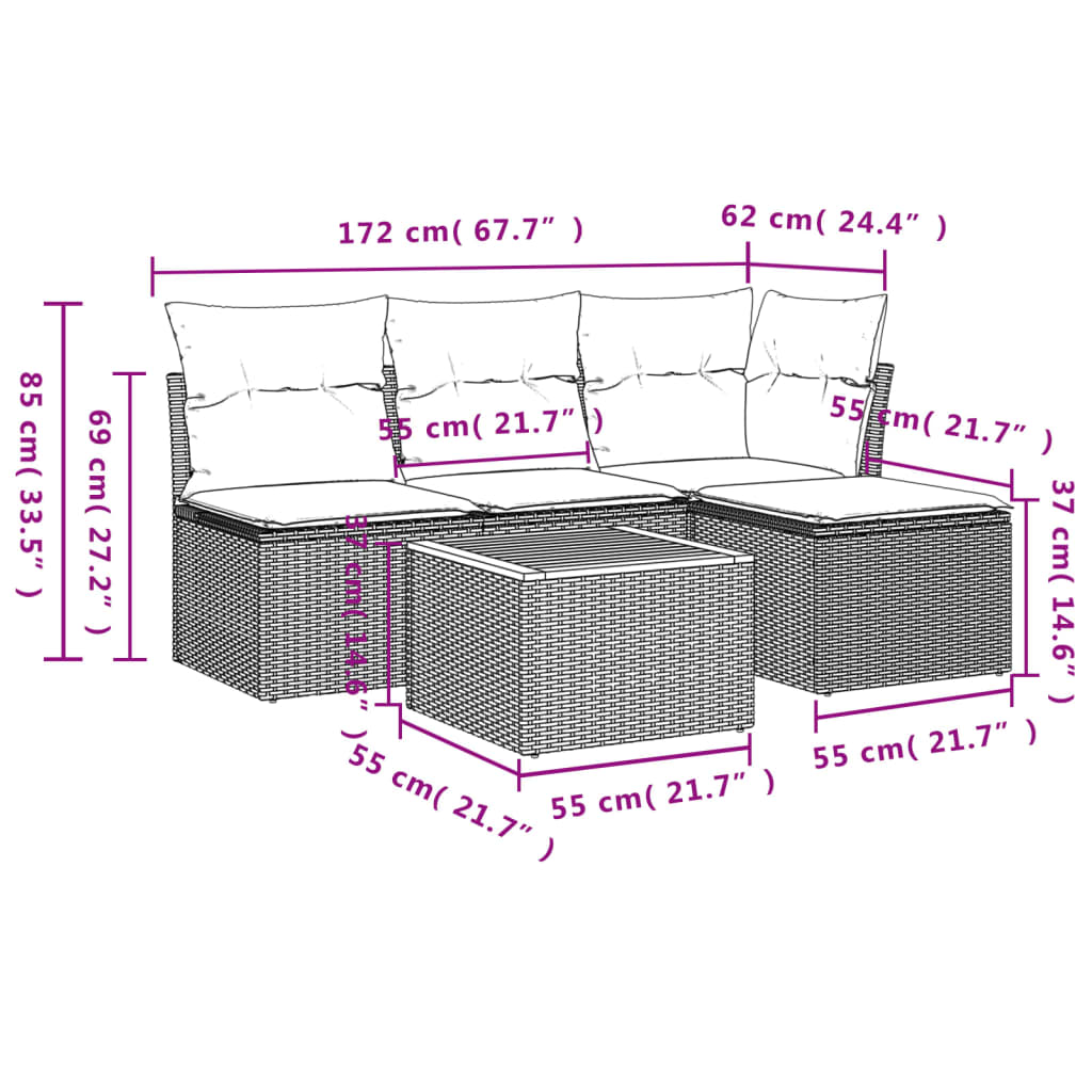 5 pcs conjunto sofás de jardim c/ almofadões vime PE cinzento