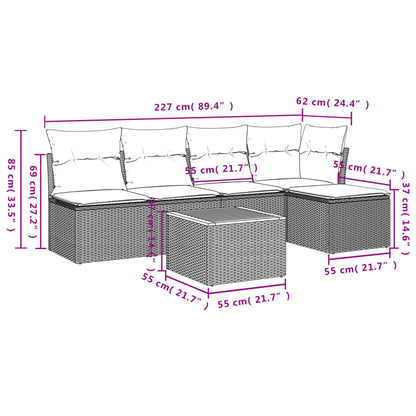 6 pcs conjunto sofás de jardim c/ almofadões vime PE preto