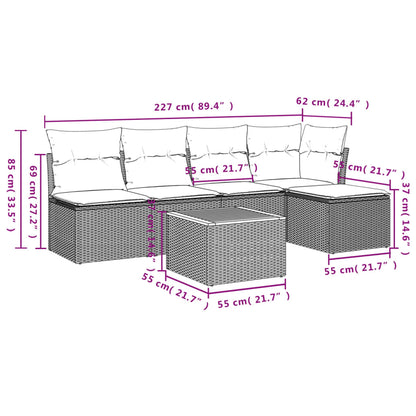 6 pcs conjunto sofás de jardim com almofadões vime cinzento