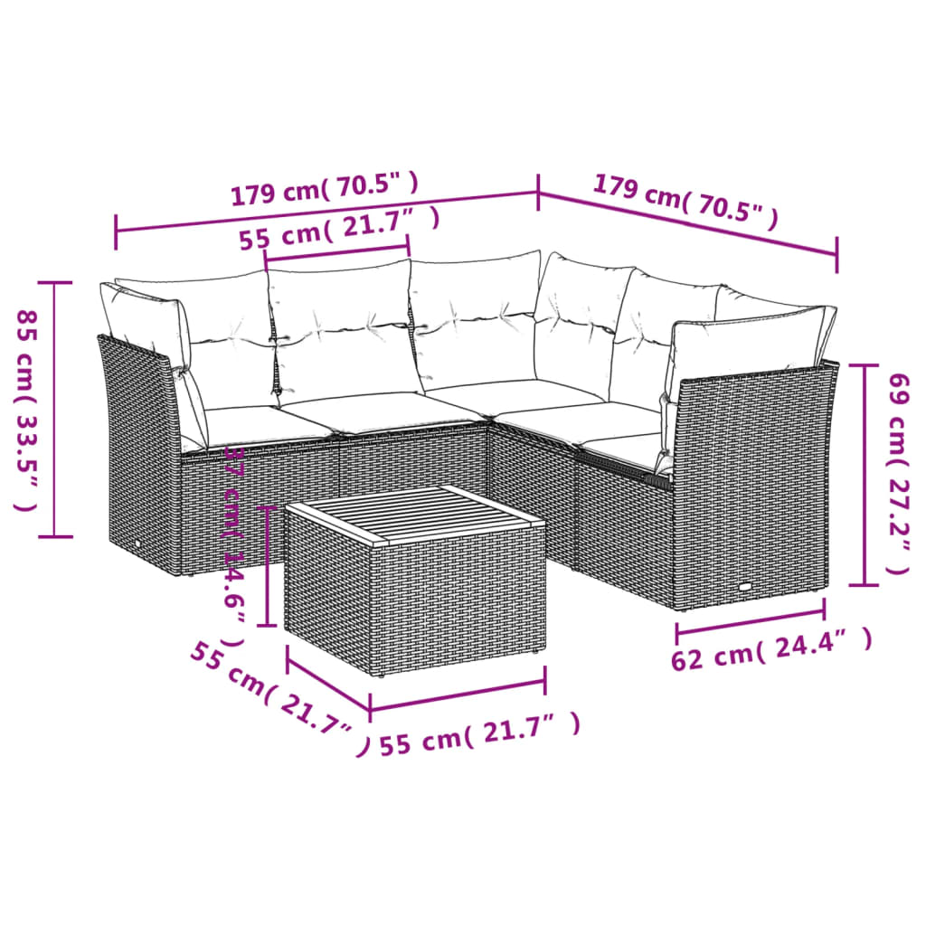 6 pcs conjunto sofás de jardim com almofadões vime cinzento