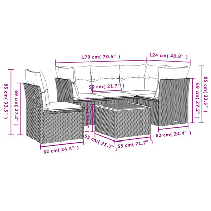 6 pcs conjunto sofás de jardim com almofadões vime cinzento