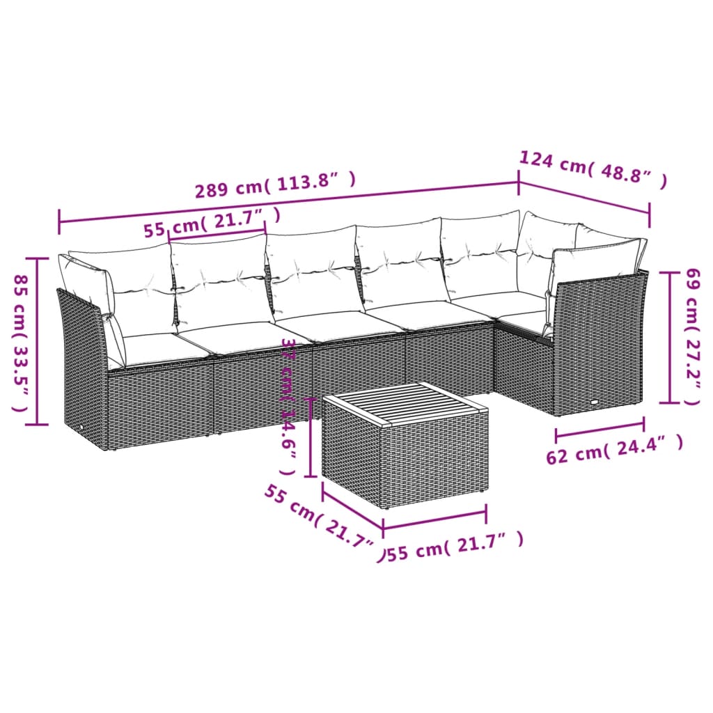 7 pcs conjunto de sofás p/ jardim c/ almofadões vime PE preto