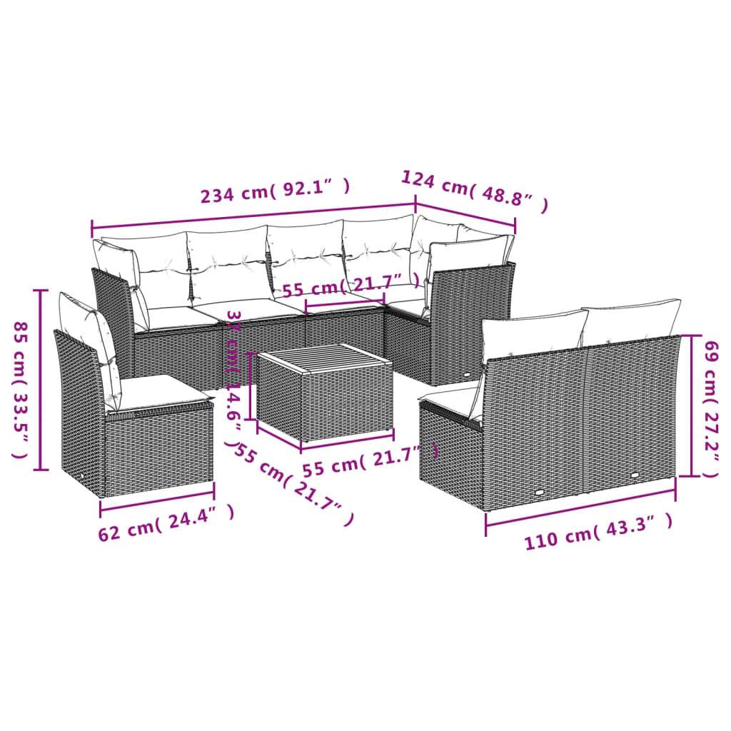 9 pcs conjunto sofás p/ jardim com almofadões vime PE cinzento