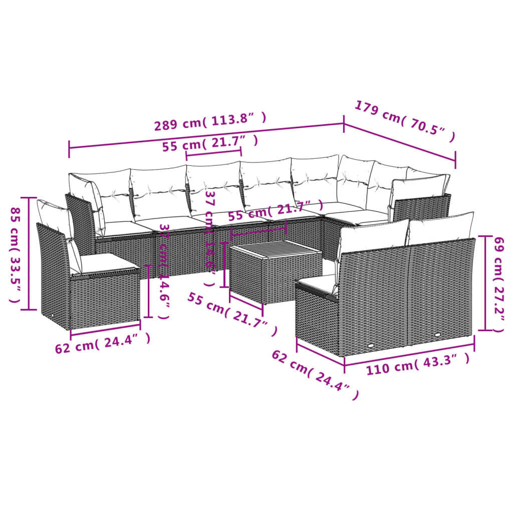 11 pcs conjunto sofás de jardim c/ almofadões vime PE preto