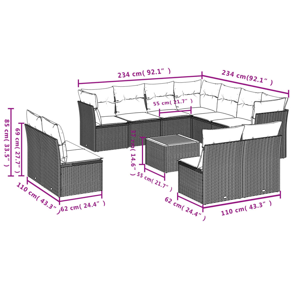 12 pcs conjunto de sofás jardim c/ almofadões vime PE cinzento