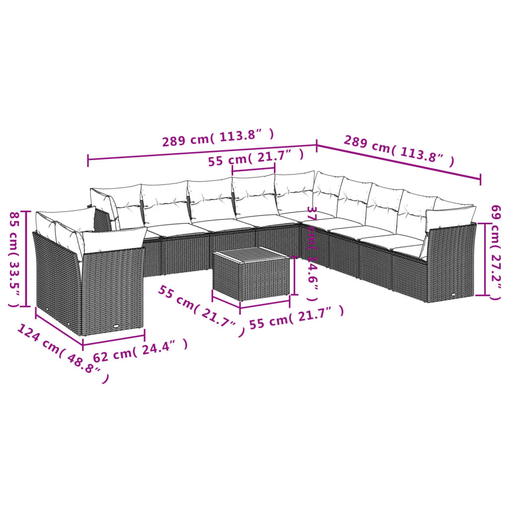 12 pcs conjunto de sofás de jardim c/ almofadões vime PE preto