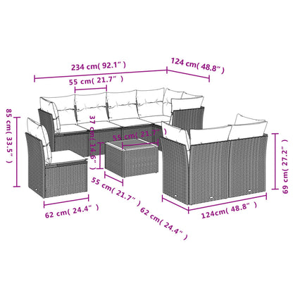 9 pcs conjunto sofás p/ jardim com almofadões vime PE cinzento