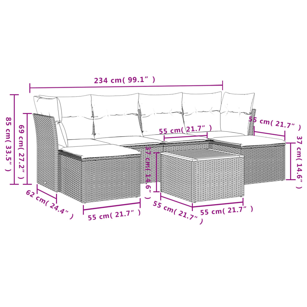 7 pcs conjunto sofás p/ jardim c/ almofadões vime PE cinzento