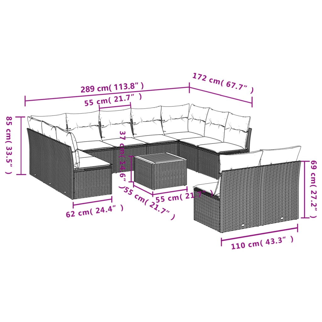 12 pcs conjunto de sofás jardim c/ almofadões vime PE cinzento