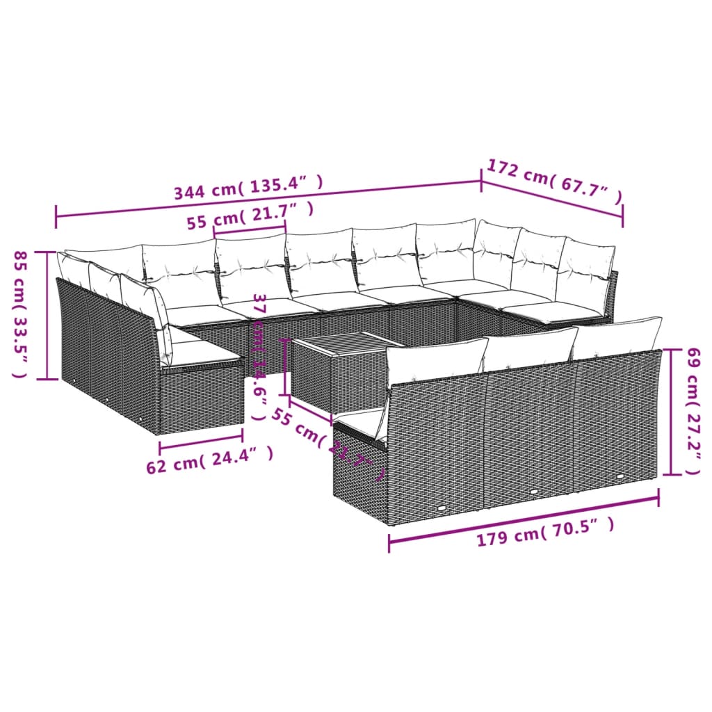 14 pcs conjunto sofás p/ jardim c/ almofadões vime PE cinzento