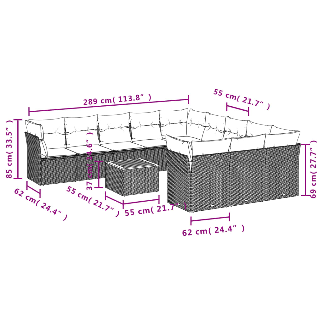 12 pcs conjunto de sofás de jardim c/ almofadões vime PE preto