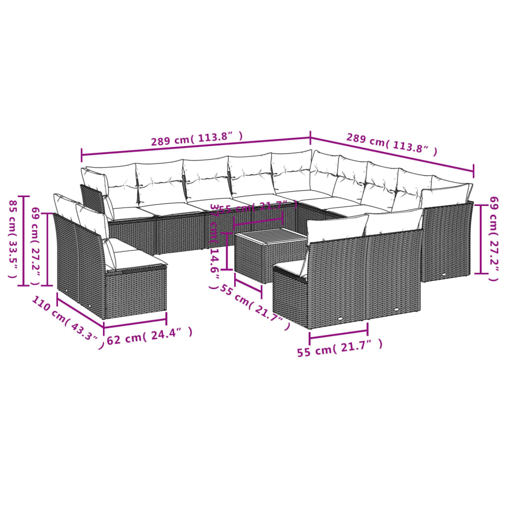 14 pcs conjunto de sofás p/ jardim c/ almofadões vime PE preto