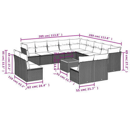 14 pcs conjunto de sofás p/ jardim c/ almofadões vime PE preto