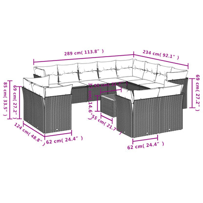 13 pcs conjunto sofás p/ jardim c/ almofadões vime PE cinzento