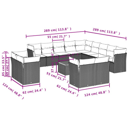 14 pcs conjunto sofás p/ jardim c/ almofadões vime PE cinzento