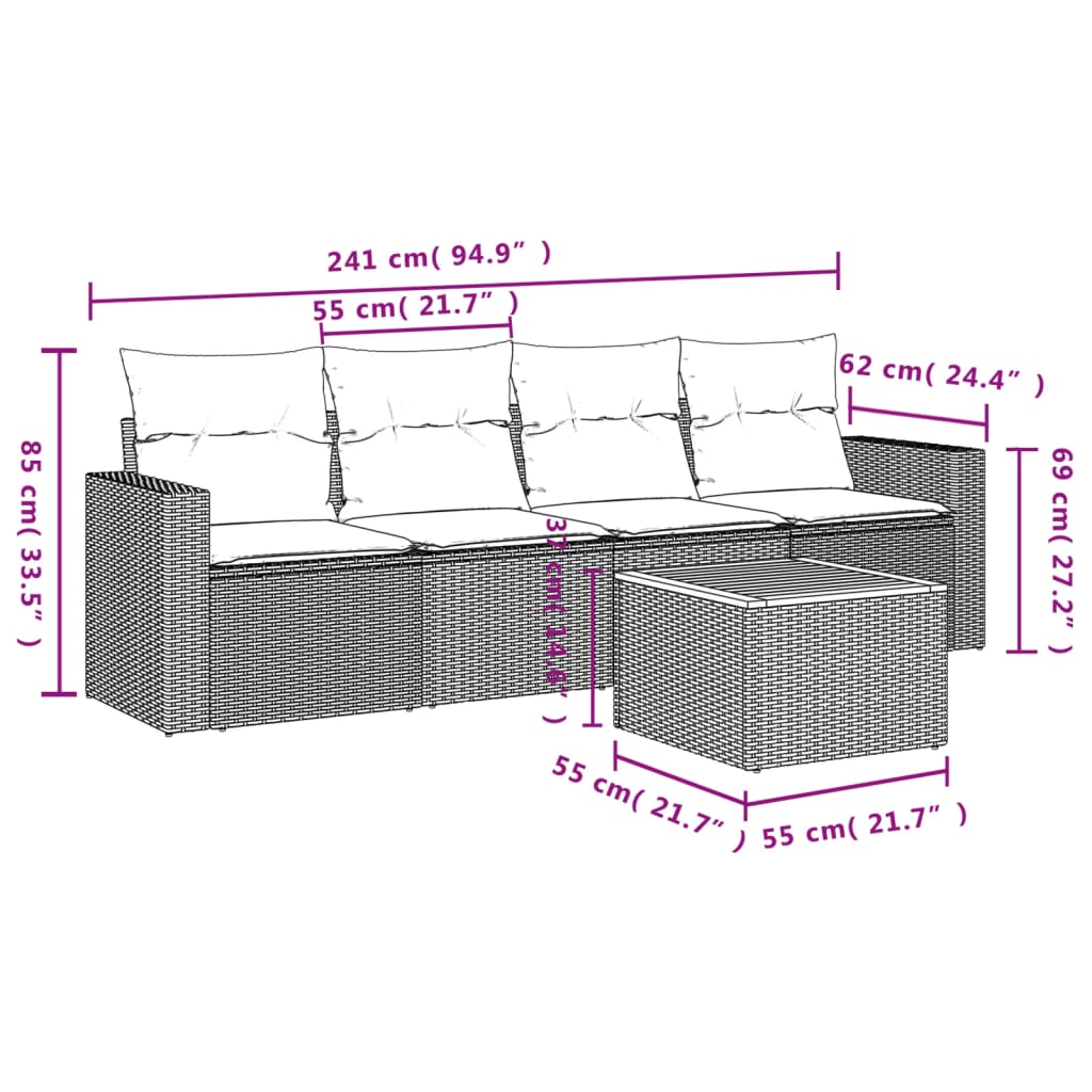 5 pcs conjunto sofás de jardim c/ almofadões vime PE cinzento