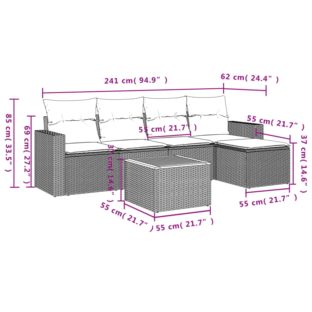 6 pcs conjunto sofás de jardim c/ almofadões vime PE preto