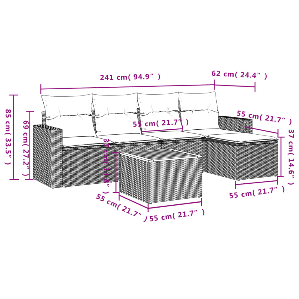 6 pcs conj. sofás jardim c/ almofadões vime PE bege misturado