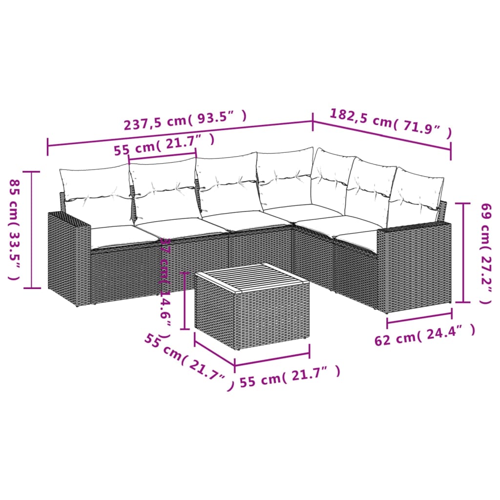 7 pcs conjunto de sofás p/ jardim com almofadões vime PE bege